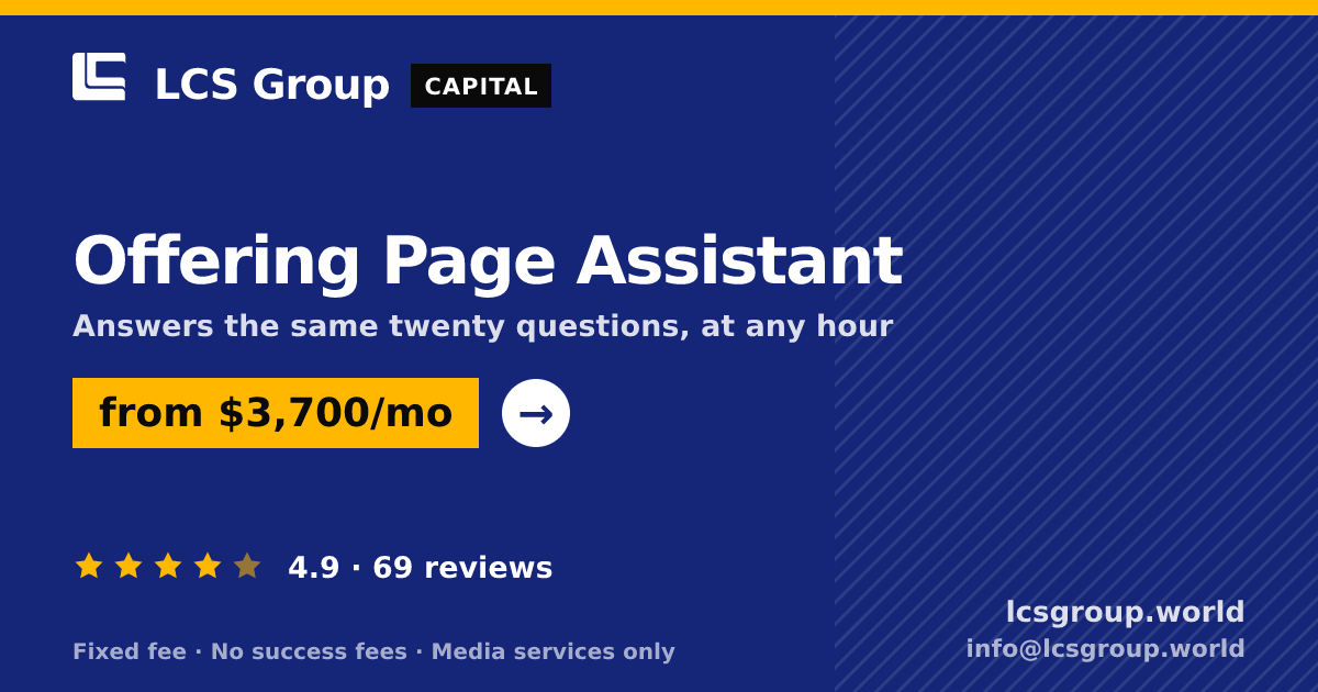 Offering Page Assistant — from $3,700/mo, rated 4.9/5 across 69 reviews. LCS Group World.