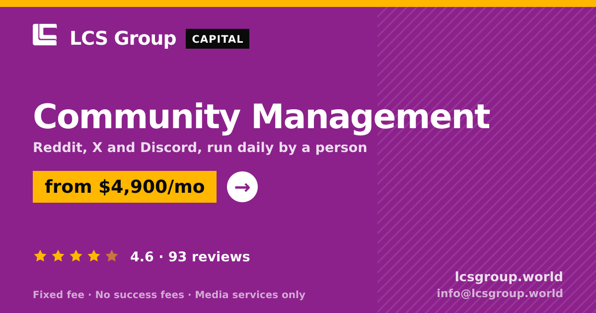 Community Management — from $4,900/mo, rated 4.6/5 across 93 reviews. LCS Group World.