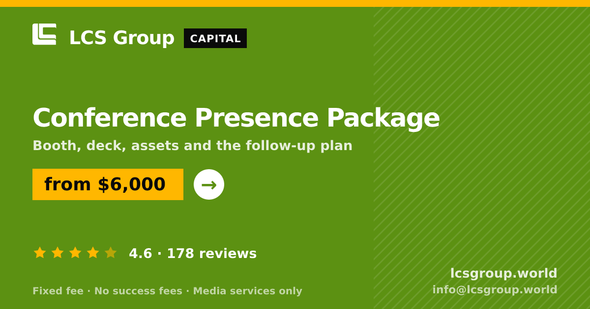 Conference Presence Package — from $6,000, rated 4.6/5 across 178 reviews. LCS Group World.
