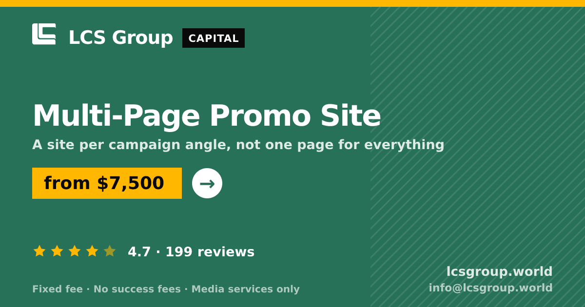 Multi-Page Promo Site — from $7,500, rated 4.7/5 across 199 reviews. LCS Group World.
