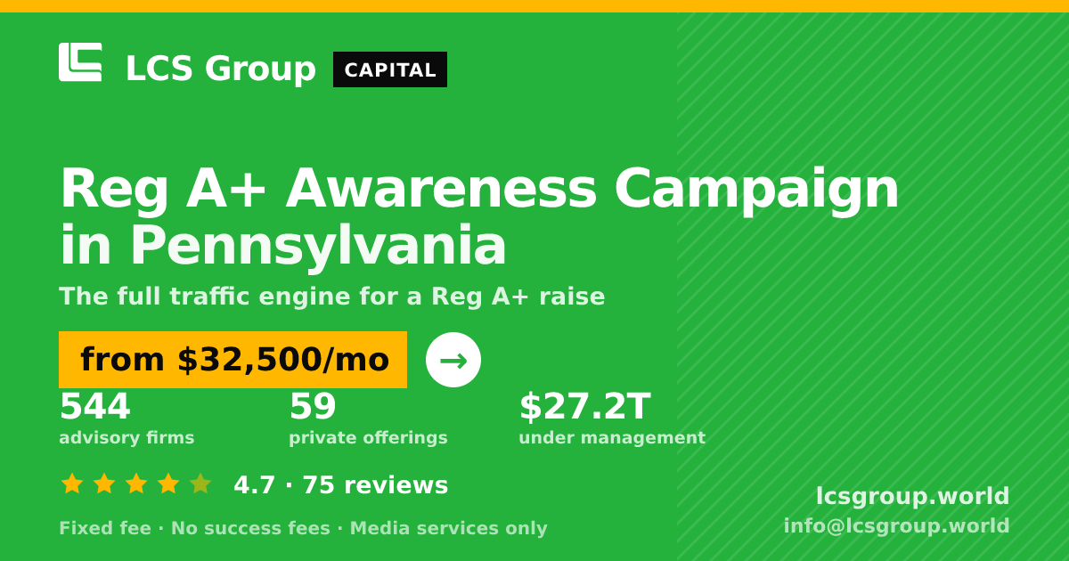 Reg A+ Awareness Campaign in Pennsylvania — from $32,500/mo, rated 4.7/5 across 75 reviews. LCS Group World.