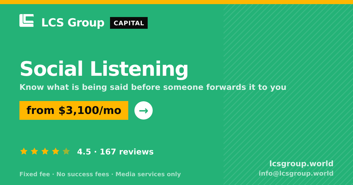 Social Listening — from $3,100/mo, rated 4.5/5 across 167 reviews. LCS Group World.